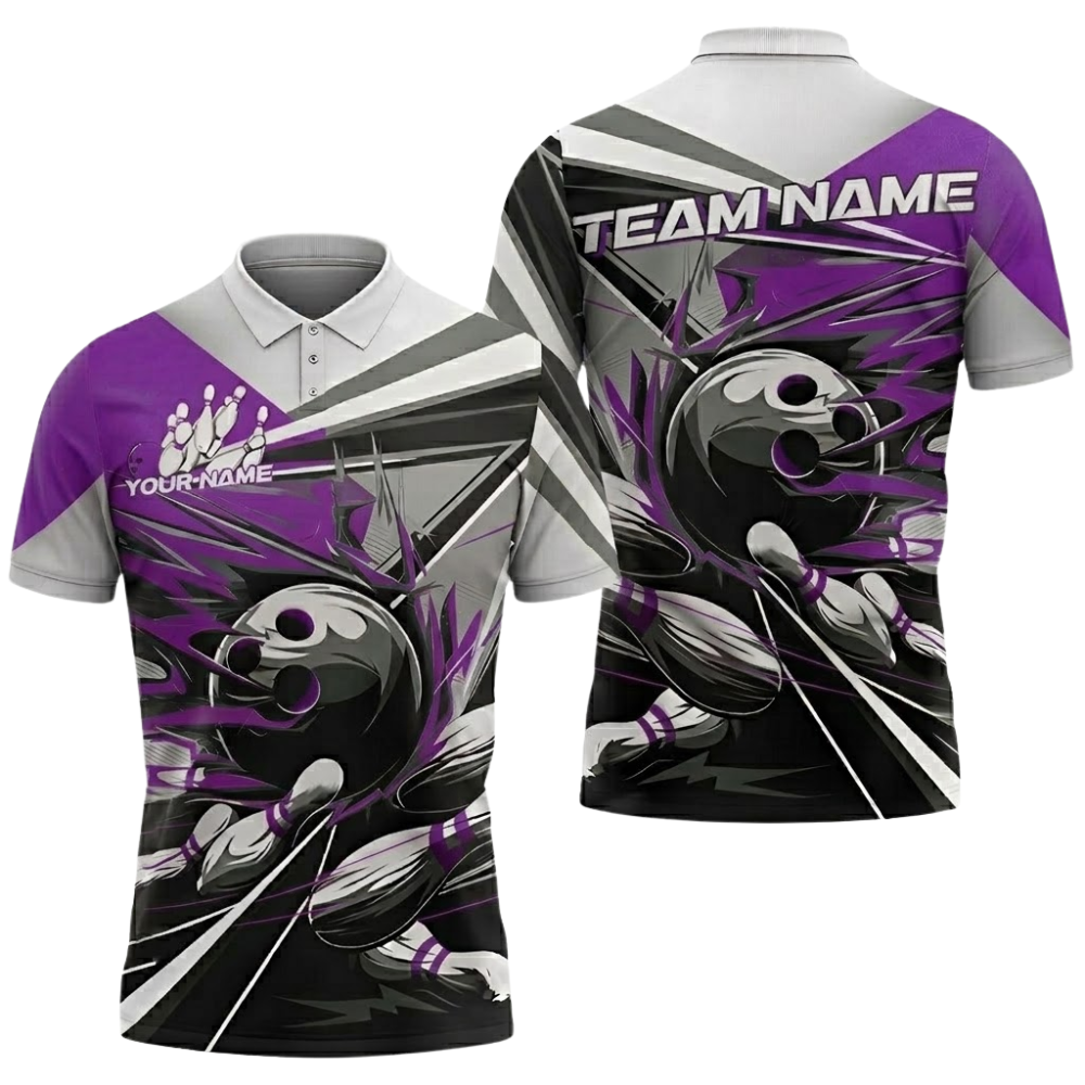 Custom Team Pink Grey Bowling Polo Shirt Mens, Custom Bowling Shirt BZ0834