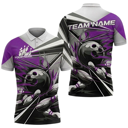 Custom Team Pink Grey Bowling Polo Shirt Mens, Custom Bowling Shirt BZ0834