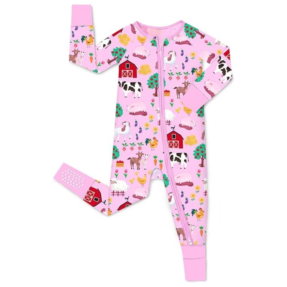 Farm Animal Pink Baby Convertible Zippy Romper, Farm Lover Convertible Romper For Baby BB0358