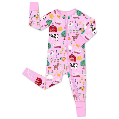 Farm Animal Pink Baby Convertible Zippy Romper, Farm Lover Convertible Romper For Baby BB0358