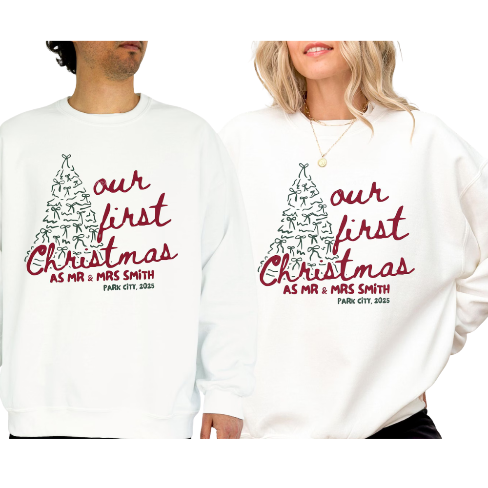 Our First Christmas As Mr & Mrs Custom Matching Couple Sweatshirt, Personalized Christmas Sweatshirt For Newlywed Couple 2D1286