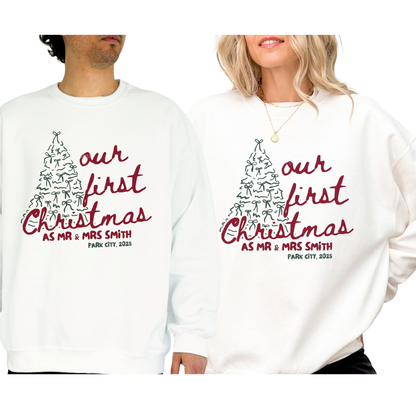 Our First Christmas As Mr & Mrs Custom Matching Couple Sweatshirt, Personalized Christmas Sweatshirt For Newlywed Couple 2D1286