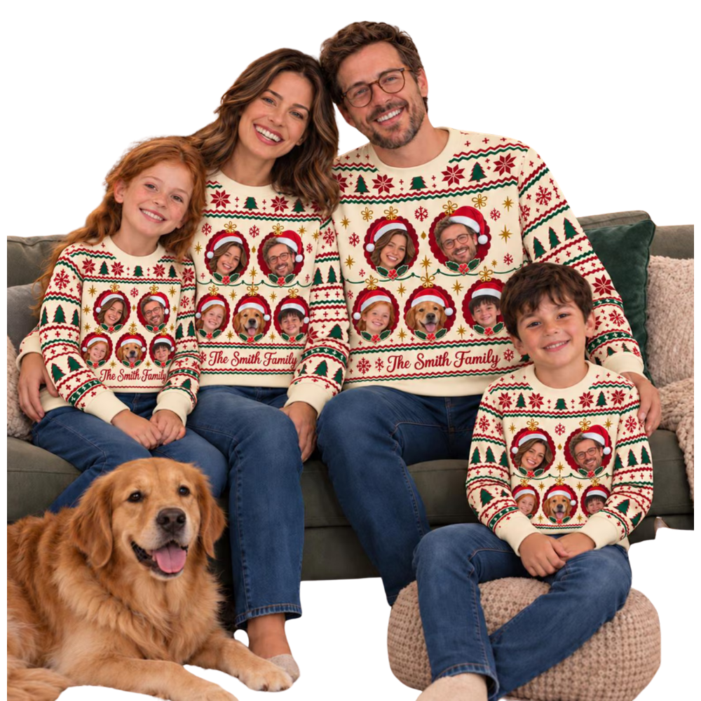 Family Faces Custom Photo Ugly Christmas Sweatshirt, Personalized Family Matching Ugly Xmas Sweater 2D1172