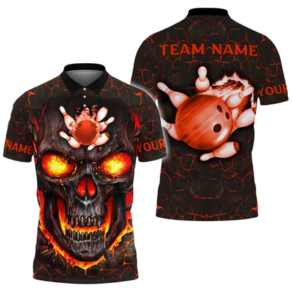 Custom Skull Bowling Polo Shirt For Men, Custom Flame Skull Bowling Shirt Team BZ0621
