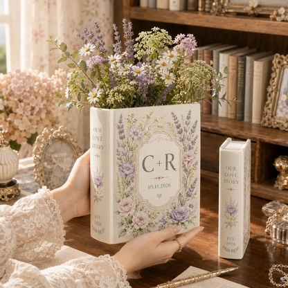 Custom Monogram Couple Name Initials Flower Wedding Engagement Ceramic Book Vase, Custom Floral Wedding Book Vase WD0593
