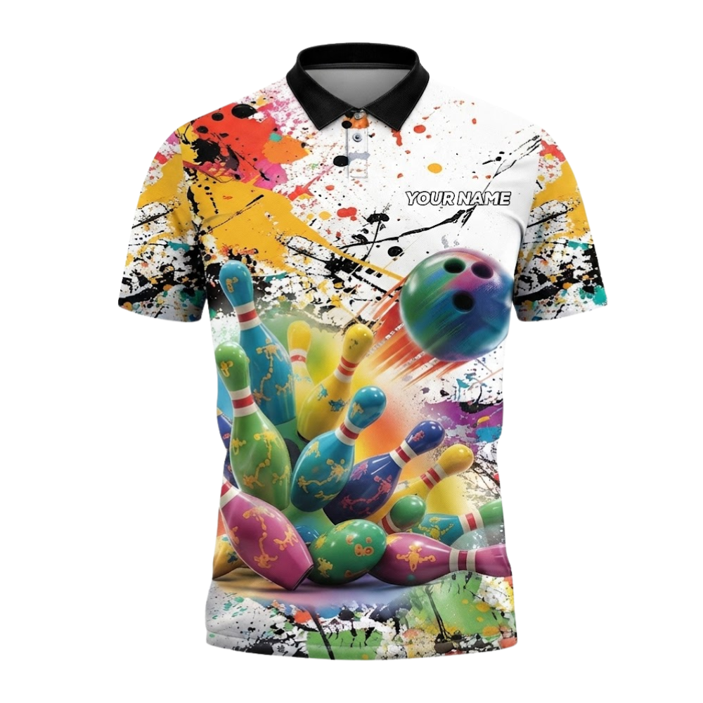 Custom Team Multicolor Splash Bowling Polo Shirt For Men, Custom Bowling Shirts BZ0737