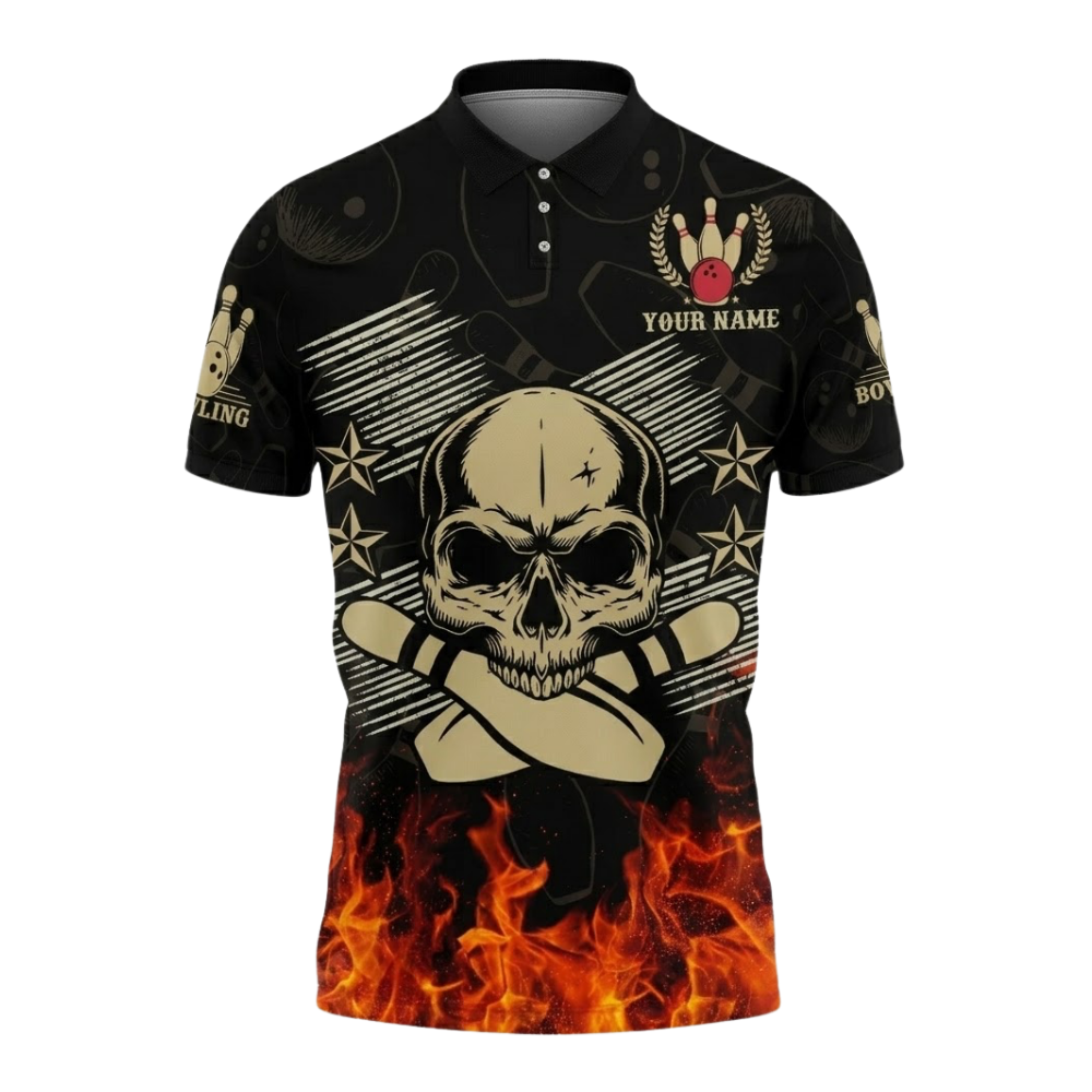 Custom Skull Men's Flame Bowling Polo Shirt, Custom Skull Bowling Shirts With Name BZ0769