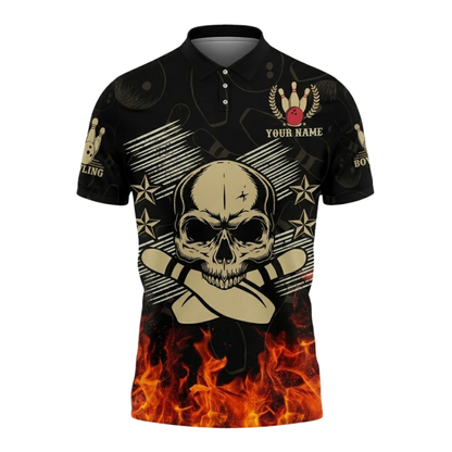 Custom Skull Men's Flame Bowling Polo Shirt, Custom Skull Bowling Shirts With Name BZ0769