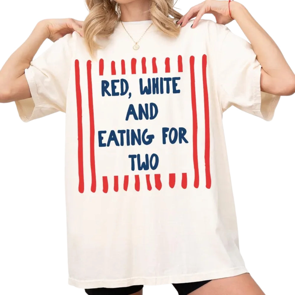 Red White And Eating For Two Red White And Drinking For Three Matching Shirts For His And Her, Funny Pregnancy Announcement Couple Shirts For 4th Of July ET0908