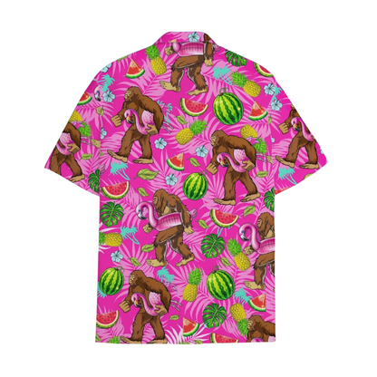 Bigfoot Watermelon Pink Hawaiian Shirt Mens, Sasquatch Fruit Hawaiian Shirt HE0384