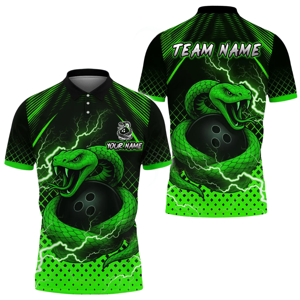 Snake Bowling Ball Custom Green Bowling Mens Polo Shirt, Custom Snake Bowling Team Shirts BE0196