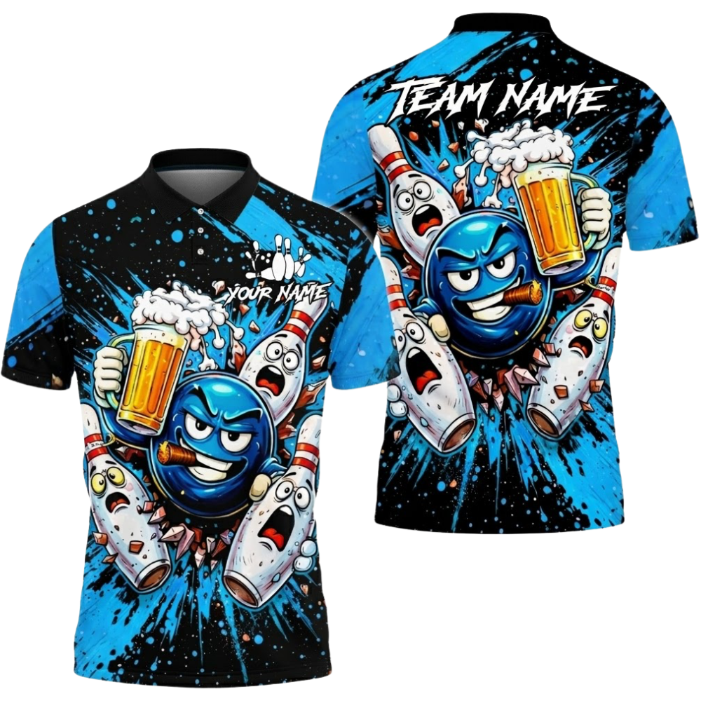 Custom Beer Funny Ball And Pins Bowling Polo Shirt For Men, Custom Beer Bowling Team Shirts BZ0511
