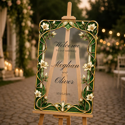 Personalized Emerald Green And Gold Lily Stained Glass Wedding Acrylic Mirror Sign, Custom Floral Stained Glass Sign For Wedding WD0724
