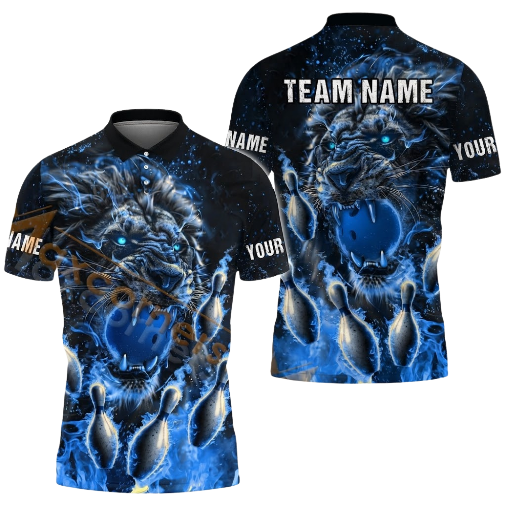 Lion Fire Ball Custom Bowling Mens Polo Shirt, Custom Lion Bowling Shirts Team BZ0688
