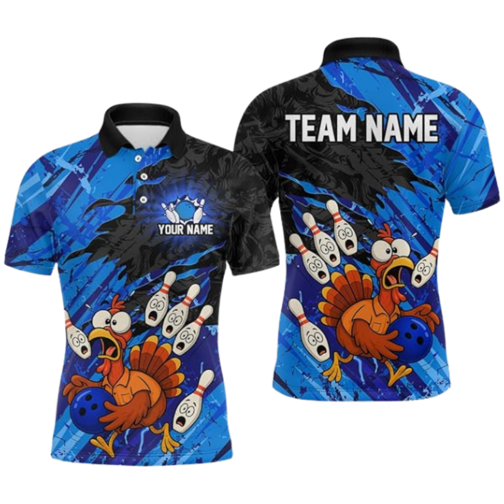 Funny Turkey Custom Bowling Polo Shirt For Men, Custom Thanksgiving Bowling Team Shirts BZ0672