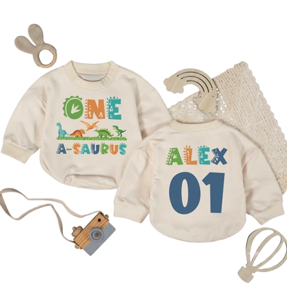 Custom One A Saurus Baby Romper Sweatshirt, Custom Dinosaur First Birthday Baby Romper Sweater BB0516