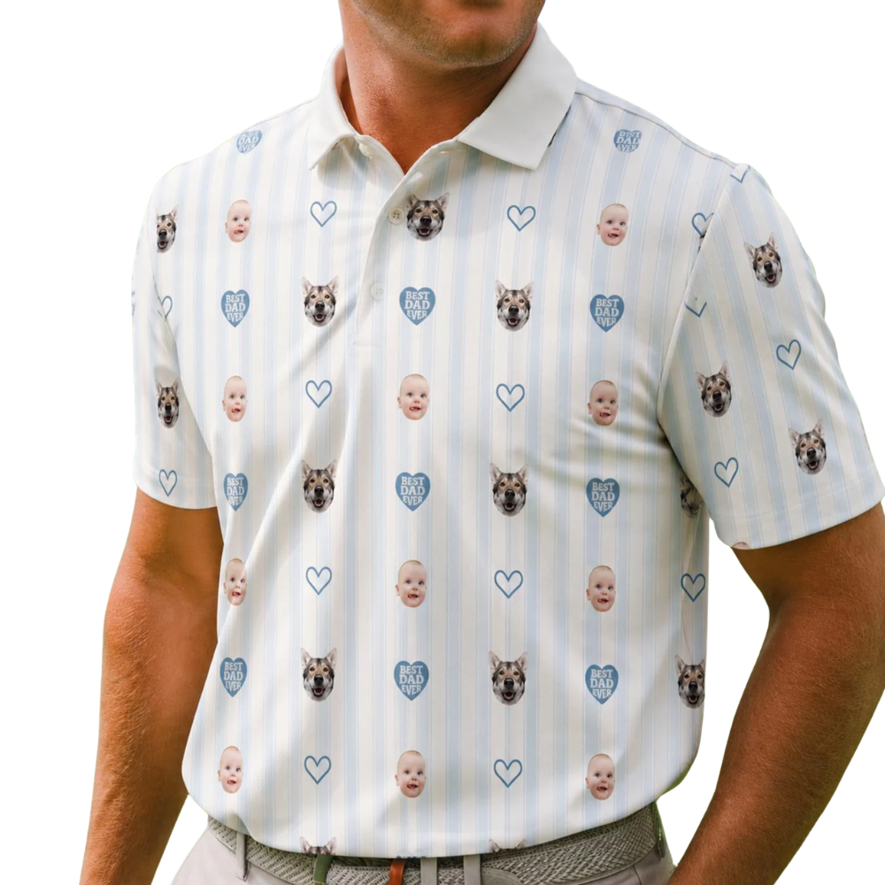 Custom Kid And Pet Face Best Dad Ever Golf Polo Shirt For Men, Father's Day Custom Photo Golf Shirts GE0476