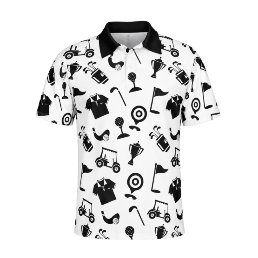 Men's Black White Golf Pattern Golf Polo Shirts, Golf Mens Shirts GZ0461