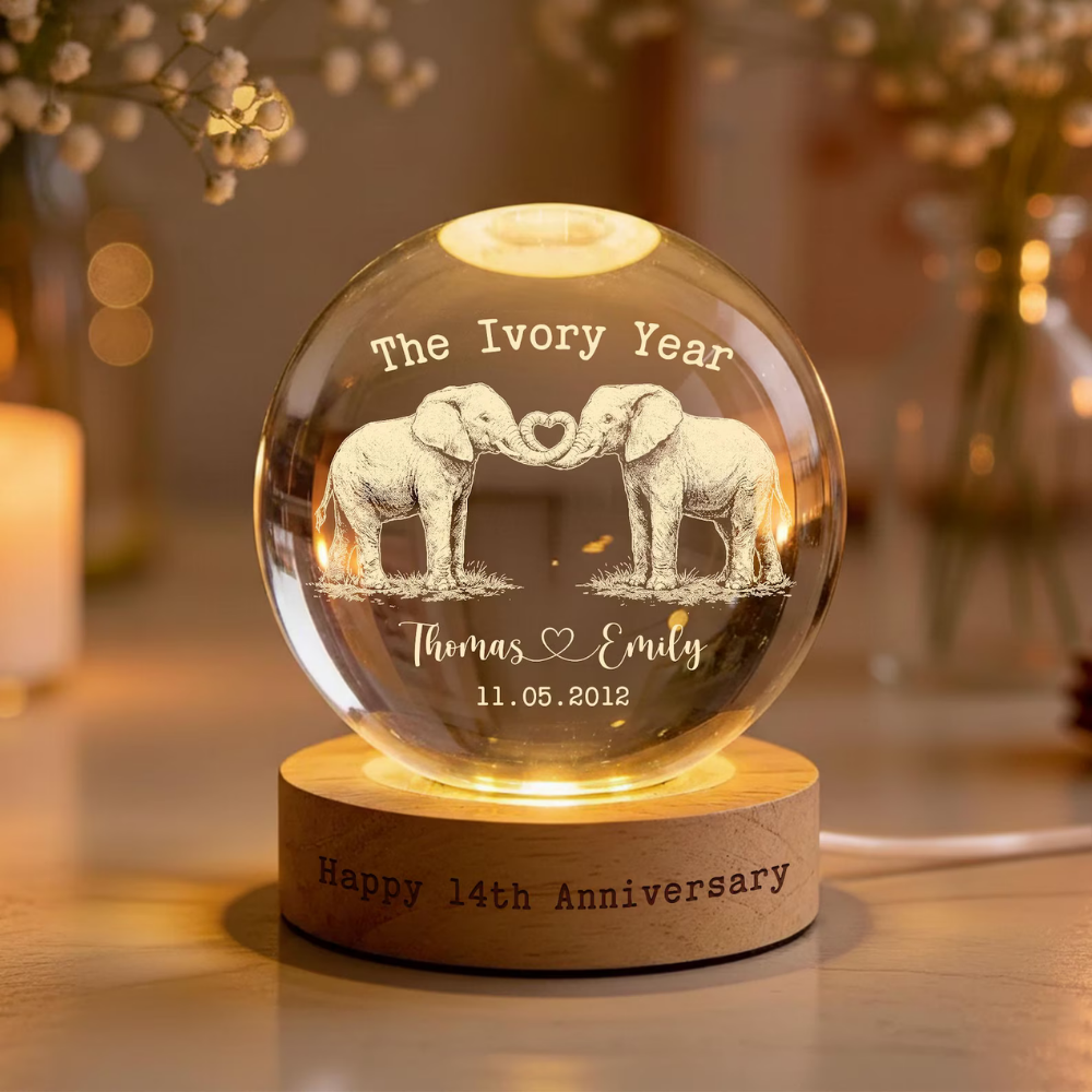 The Ivory Year Custom Elephant Couple Crystal Ball Led Night Light, Custom 14th Wedding Anniversary Night Light WD0847