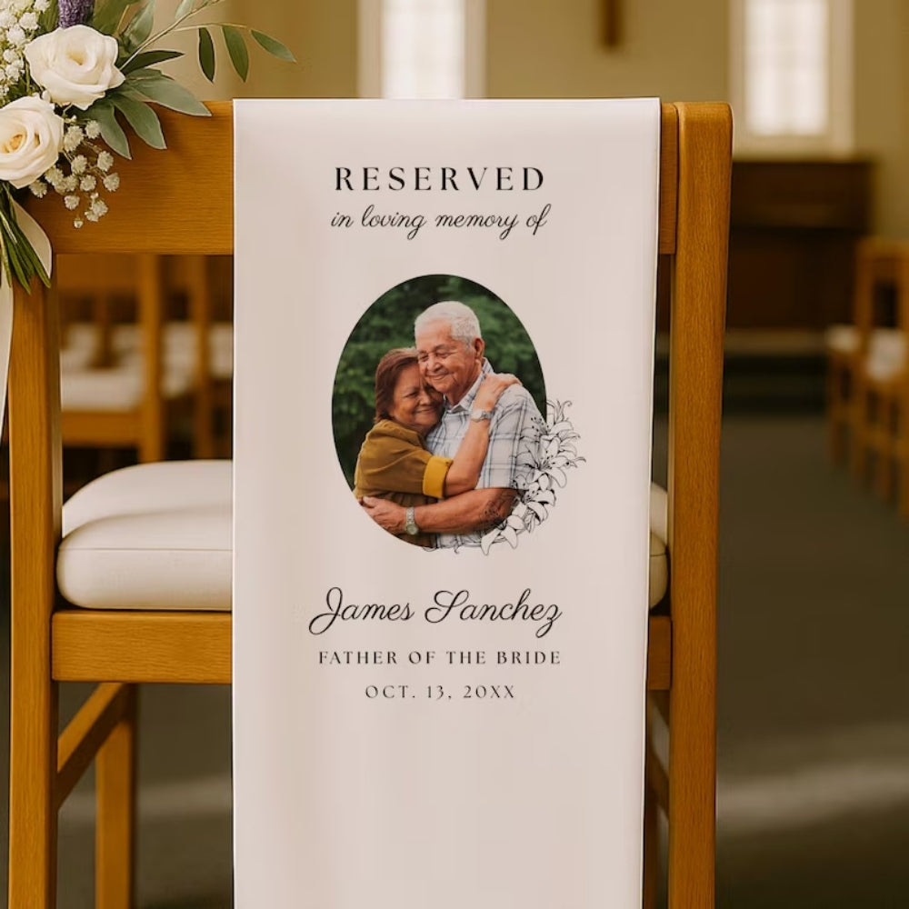 Reserved In Loving Memory Of Custom Photo Father Of The Bride Fabric Wedding Chair, Custom Wedding Memorial Fabric Sign WD0257