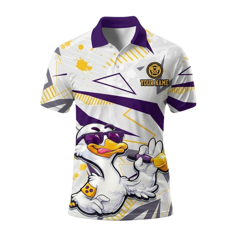 Custom Duck Funny Men's White Purple Darts Polo Shirt, Custom Duck Team Dart Shirts DE0106