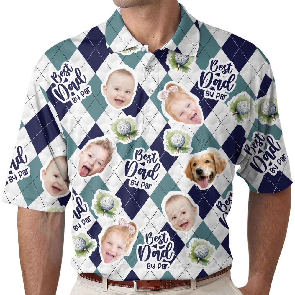 Best Dad By Par Custom Kid And Pet Faces Argyle Golf Polo Shirt Men, Custom Father's Day Golf Shirt For Dad With Phot GE0450
