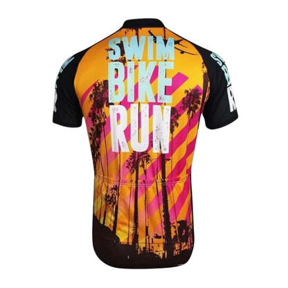 Swim Bike Run Cycling Short Sleeve Jersey For Men, Black Orange Cycling Jersey Shirts  CG0830