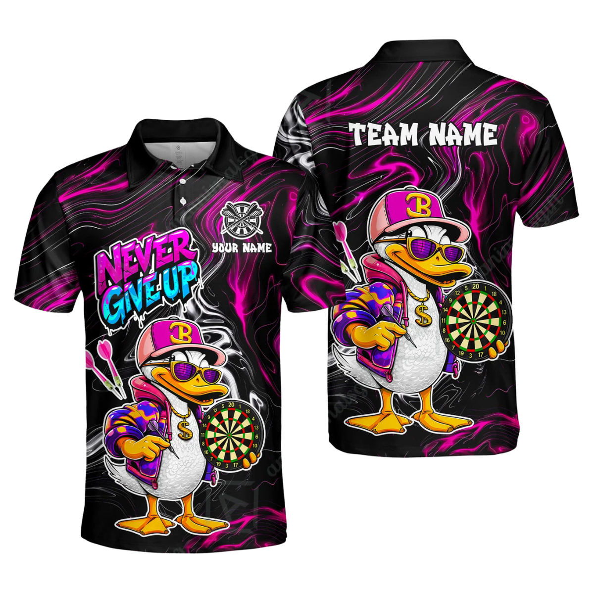 Never Give Up Custom Funny Duck Dart Polo Shirt Mens, Custom Duck Darts Team Shirt DZ0184