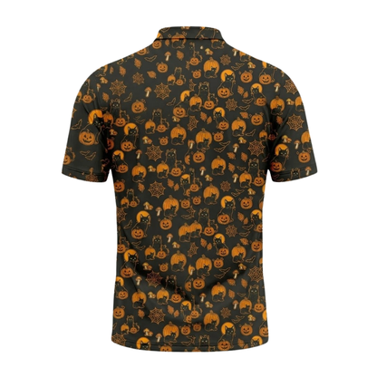 Pumpkin Black Cat Men's Black Orange Golf Polo Shirt, Halloween Golf Shirt For Cat Lover GZ0354