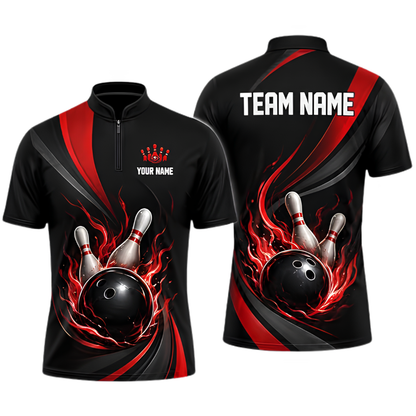 Custom Flame Red Black Bowling Jersey For Men, Custom Flame Team Bowling Shirt BZ0923