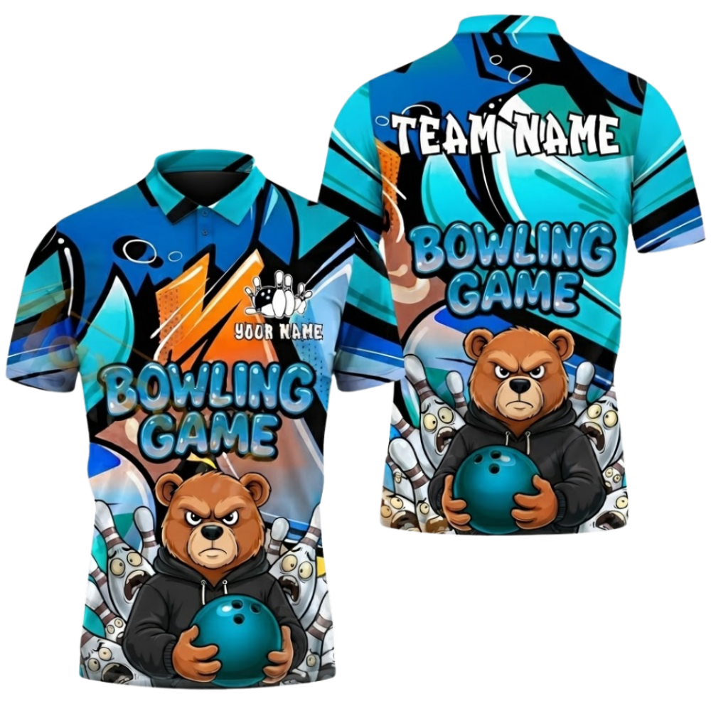 Custom Bear Graffiti Mens Purple Bowling Polo Shirt, Custom Bear Bowling Team Shirts BZ0640