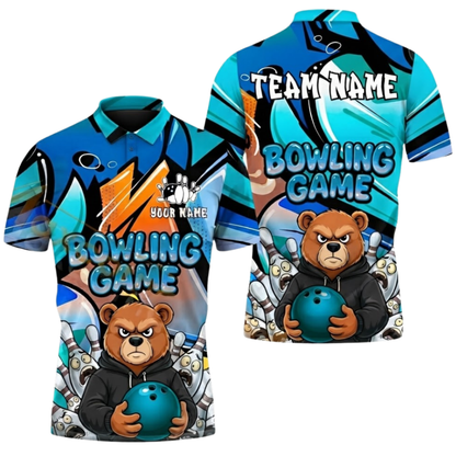 Custom Bear Graffiti Mens Purple Bowling Polo Shirt, Custom Bear Bowling Team Shirts BZ0640