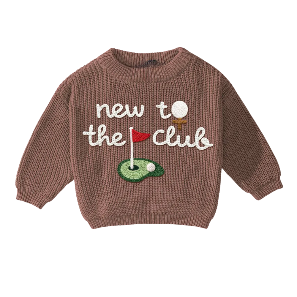 New To The Club Golf Baby Embroidered Knit Sweater, Golf Knit Sweatshirt For Baby BB0124