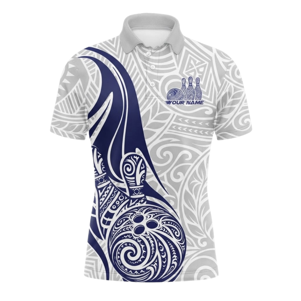 Custom Tribal Blue And White Bowling Mens Polo Shirt, Custom Tribal Bowling Team Shirt BZ0515