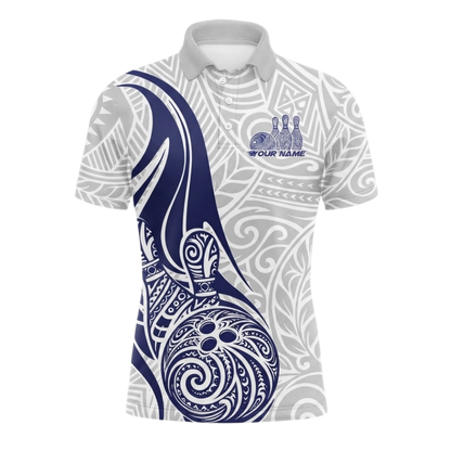Custom Tribal Blue And White Bowling Mens Polo Shirt, Custom Tribal Bowling Team Shirt BZ0515