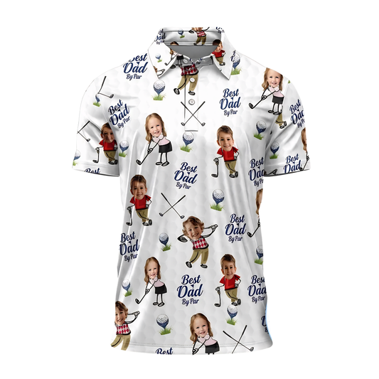 Best Dad By Par Custom Kid Face Golf Men Polo Shirt, Custom Photo Father's Day Golf Shirts GE0443