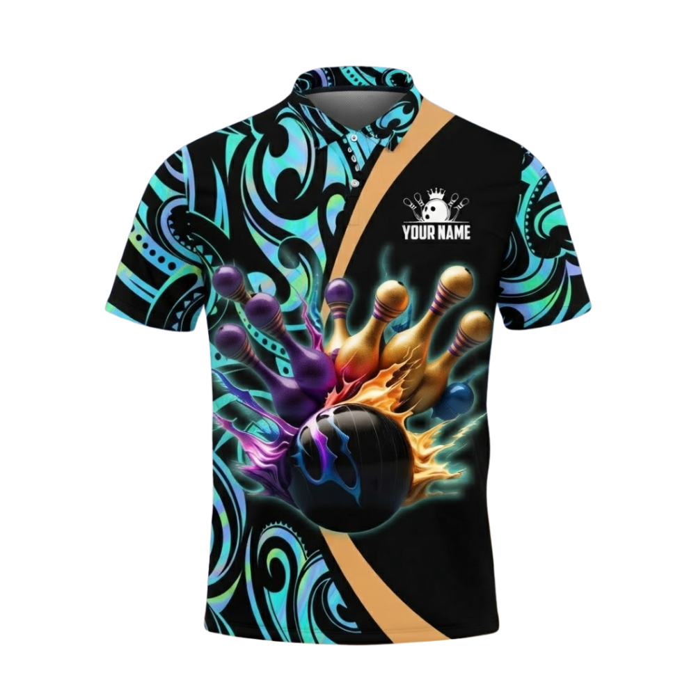 Custom Cyan Tribal Gold Pins Bowling Polo Shirt For Men, Custom Tribal Bowling Team Shirts BZ0803