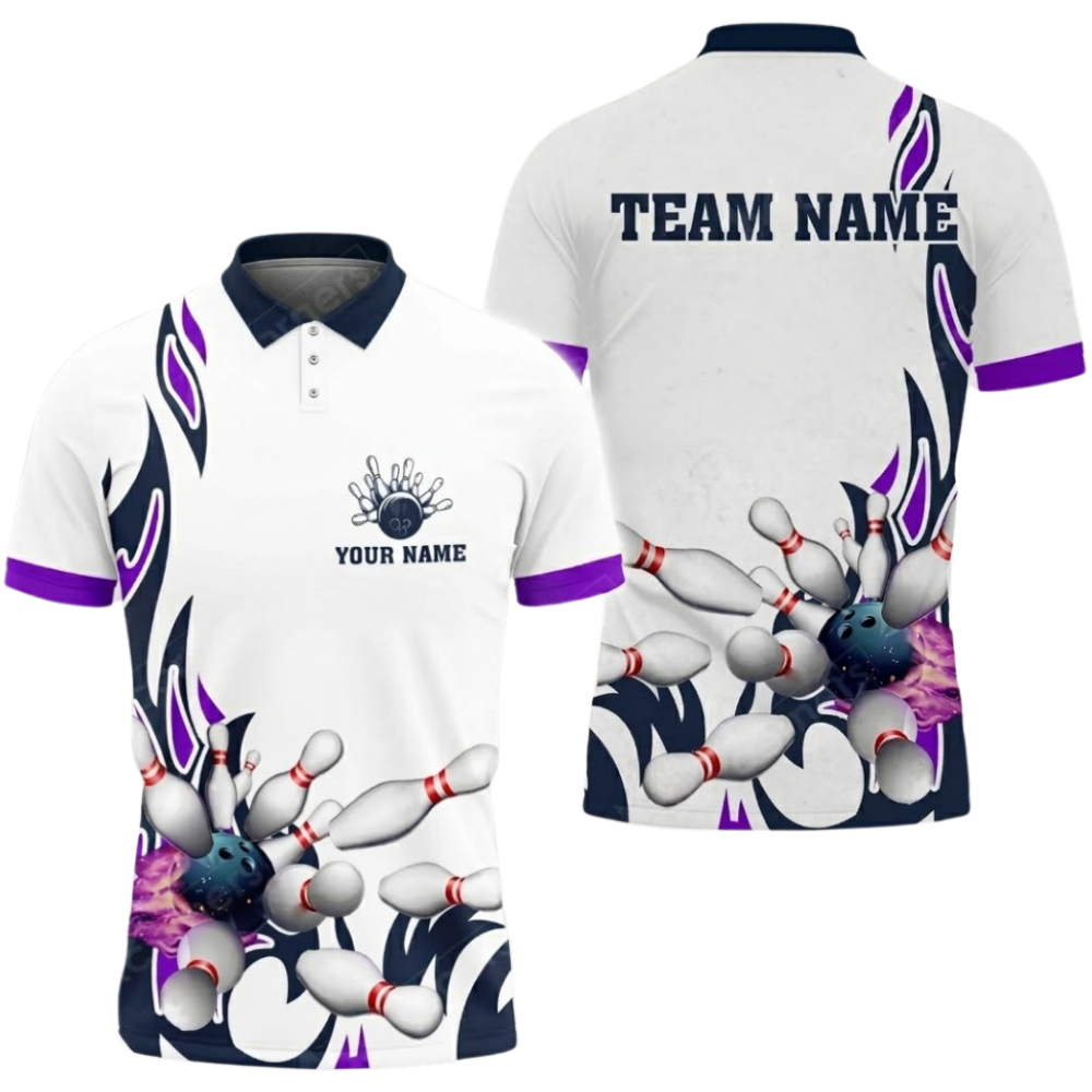 Custom Flame Cyan White Bowling Polo Shirt Men, Custom Team Bowling Shirts BZ0652