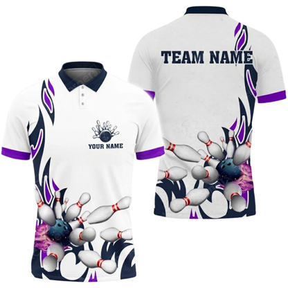 Custom Flame Cyan White Bowling Polo Shirt Men, Custom Team Bowling Shirts BZ0652