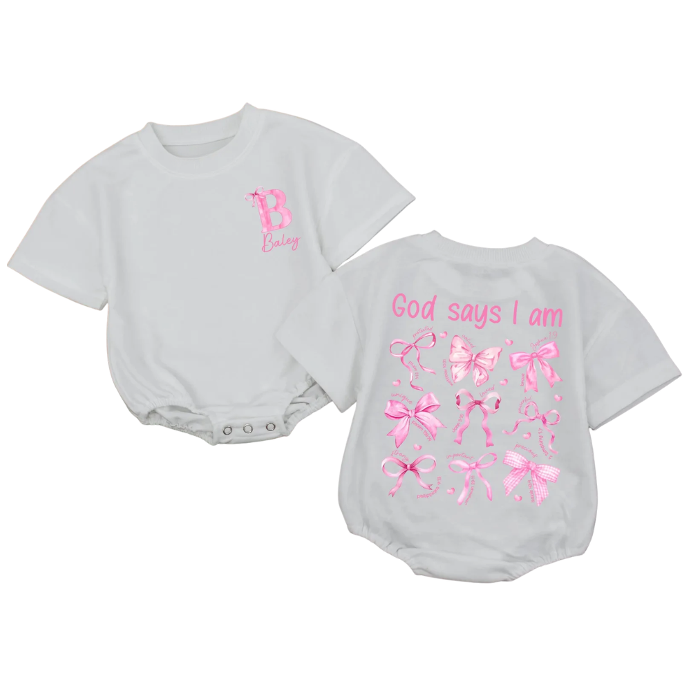 Custom Baby Name God Say I Am Pink Coquette T Shirt Romper, Custom Bible Verse Christian Baby Girl Romper BB0295
