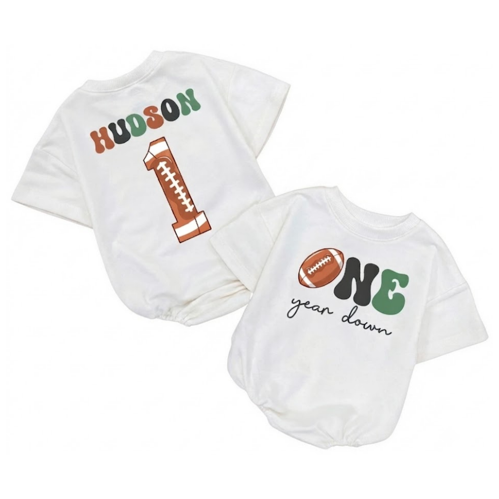 Custom One Year Down Football Baby Tshirt Romper, Custom First Birthday Baby Romper BB0035