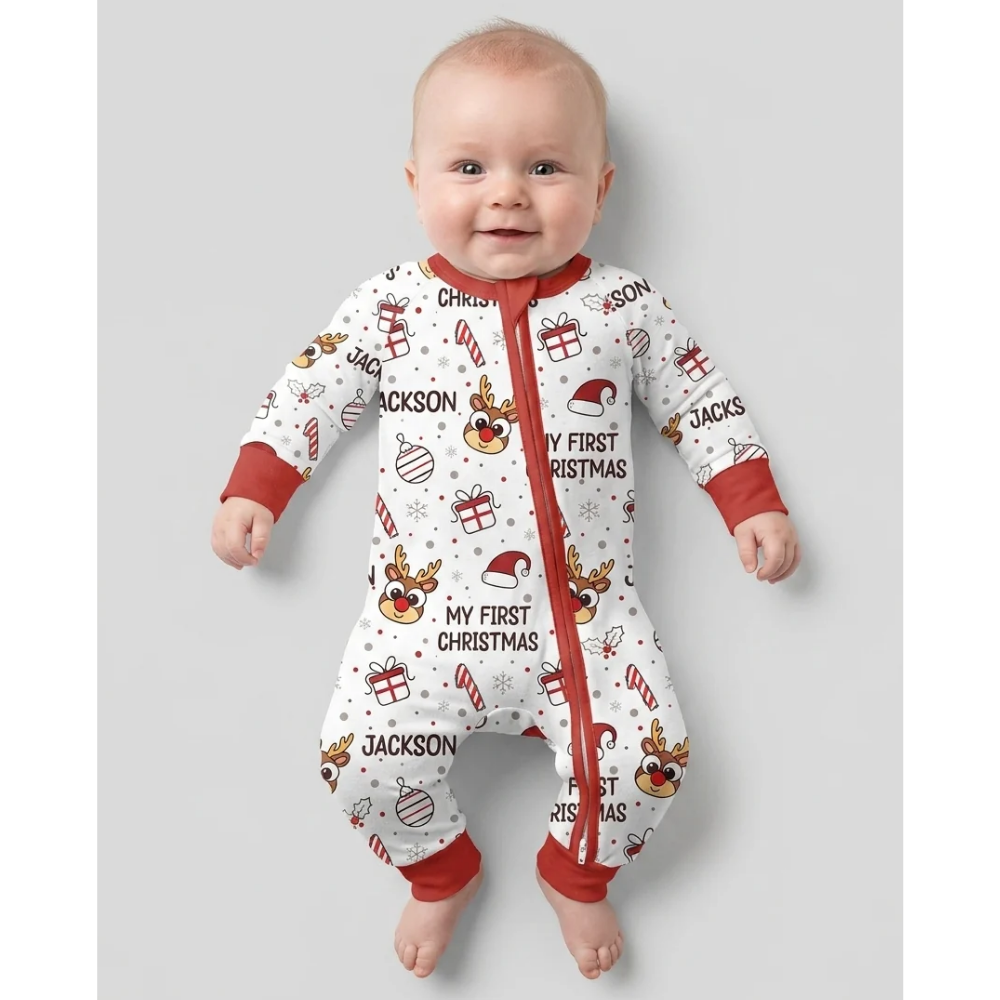 My First Christmas Custom Name Baby Convertible Zippy Romper, Custom Christmas Converitble Baby Romper BB0724