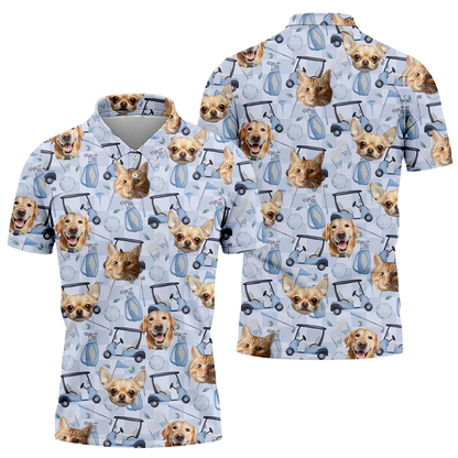 Custom Dog Cat Faces Golf Polo Shirt For Men, Custom Pet Photo Golf Shirts GZ0303