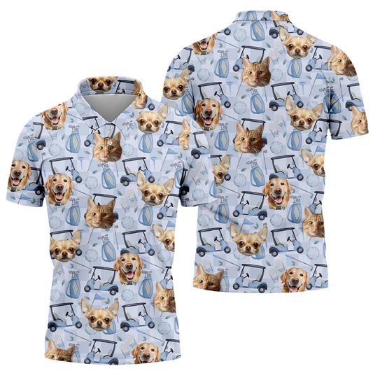 Custom Dog Cat Faces Golf Polo Shirt For Men, Custom Pet Photo Golf Shirts GZ0303