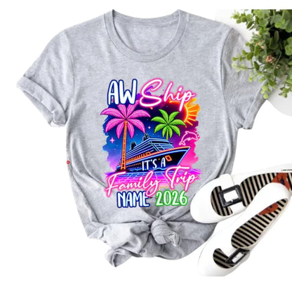 Custom Matching Aw Ship It's Family Trip Cruise Neon T Shirts, Custom Cruise Family Vacation Shirts ET0100