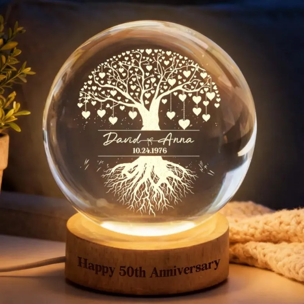 Tree Of Love Custom 50th Wedding Anniversarty Crystal Ball Led Night Light, Custom Golden Wedding Keepsake Night Light WD0941