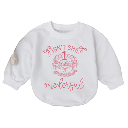 Isn't She Onederful Baby Romper Sweatshirt, First Birthday Girl Baby Romper Sweater BB0555