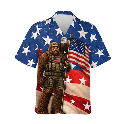 Bigfoot American Flag Hawaiian Shirt For Men, Patriotic Bigfoot Sasquatch Hawaiian Shirt For 4th Of July HE0230