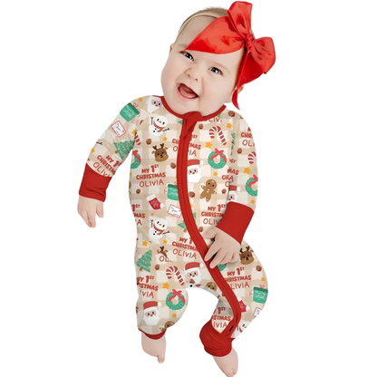 Personalized My First Christmas Baby Convertible Romper Zipper, Custom Christmas Convertible Romper For Baby BB0725