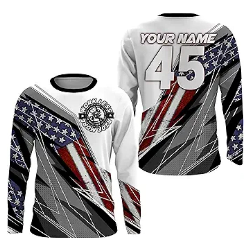 Word Less Ride More Custom USA Flag Racing Dirt Bike Long Sleeve Shirt For Men, Custom Patriotic Dirt Bike Jerseys MZ0008
